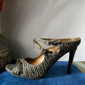 Carlos Santana  Design. Black Striped 9 Medium Open Back Heels